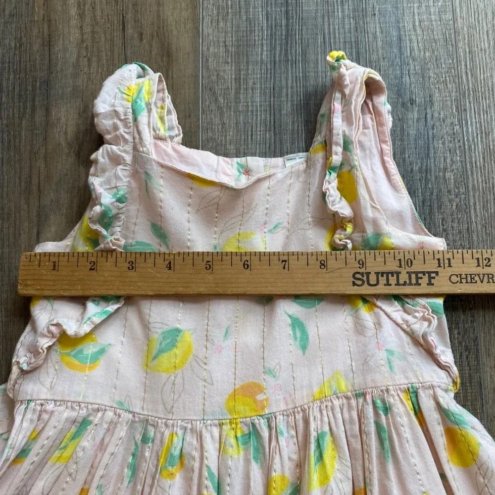 OshKosh Bgosh Girls 5T Pink Lemon Print Tiered Ruffle Dress Gold Metallic Stripe